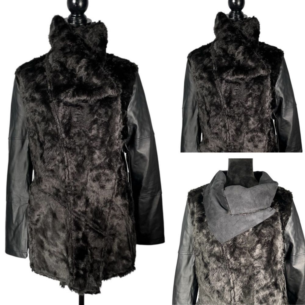 Latte Black Leather Jacket Faux Fur Women's Vegan Sherpa Suede Western Teddy